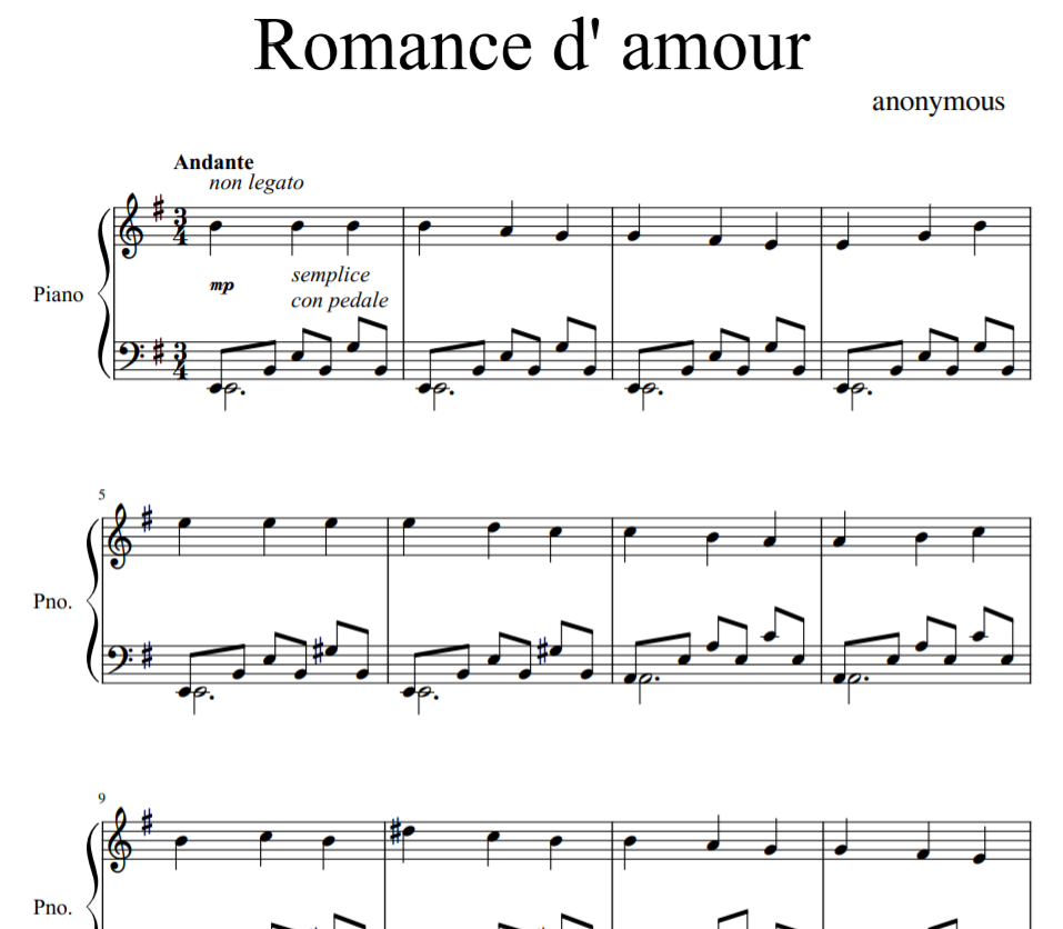 Romance d' amour sheet piano là một trong những bản nhạc trữ trình mà